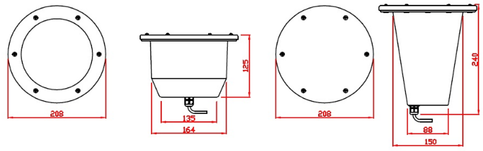 Embutido de Solo HQI 70w ou 150w com Grade - Desenho técnico, clique para ampliar.