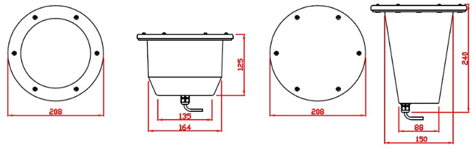 Embutido de Solo HQI 70w ou 150w com Alojamento - Desenho técnico, clique para ampliar.