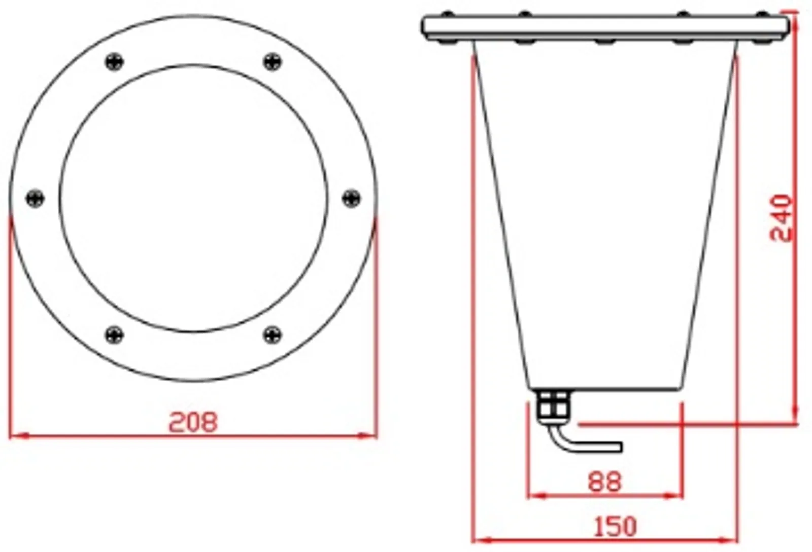 Embutido de Solo com grade para Lâmpada PAR30 PAR38 e AR111 - Desenho com Medidas