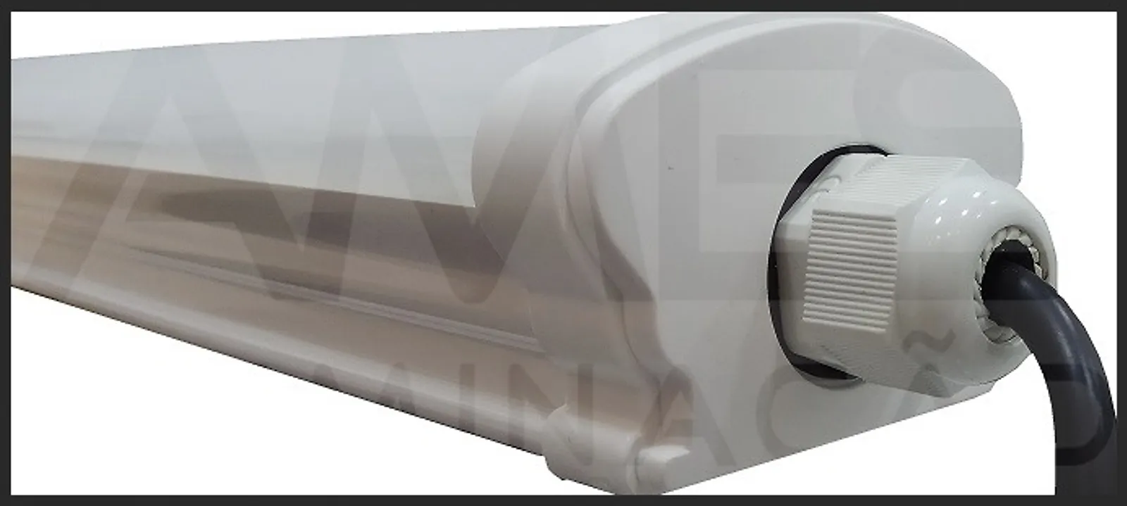 Luminária Hermética IP65 com Placa Led 18w e 32w - detalhe do prensa cabo, acompanha cabo PP, luminária fechada hermeticamente, modelo estanque, IP65, instalação sobrepor