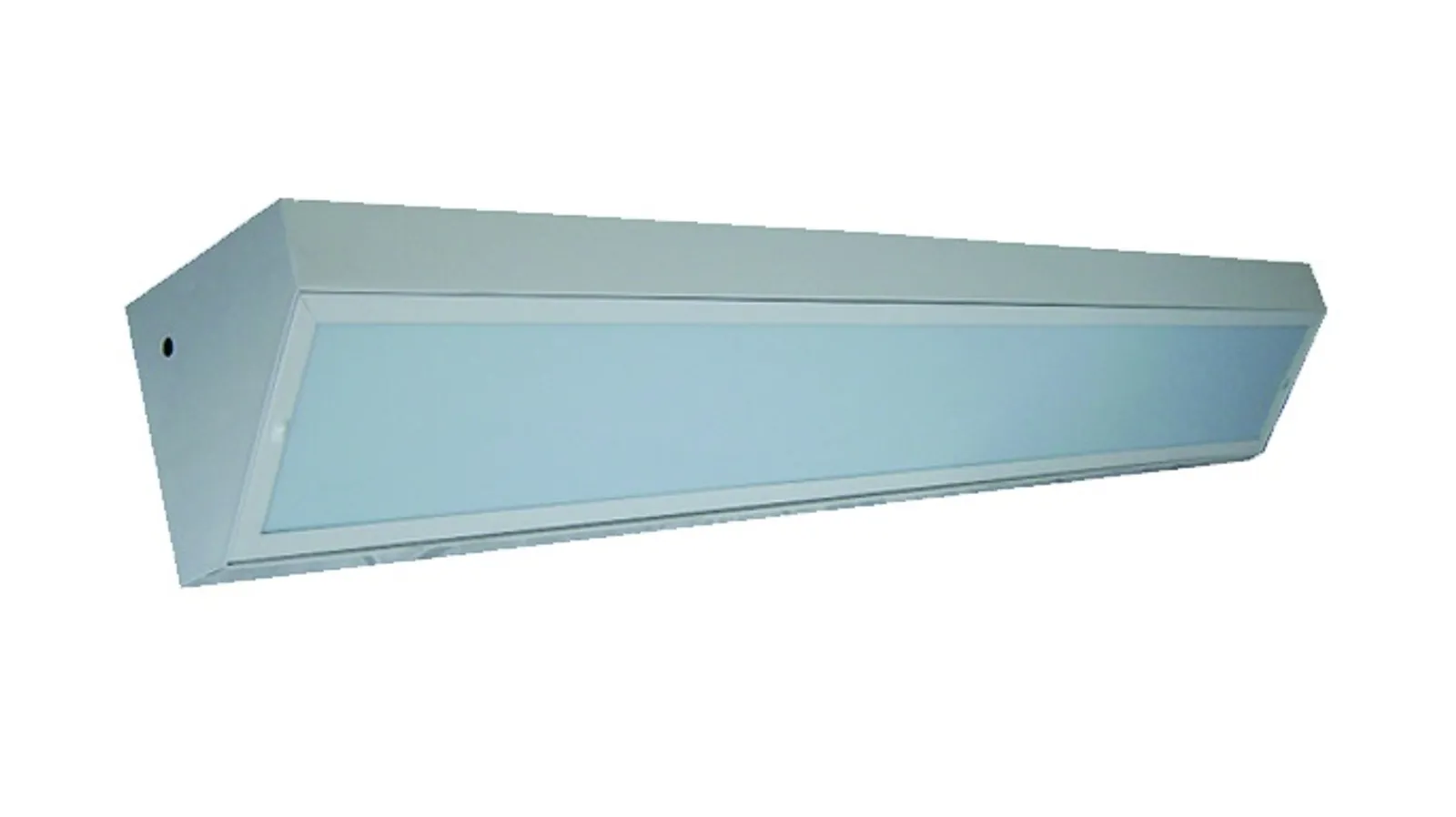 Luminária arandela para canto de parede, fabricada em chapa de aço com acrílico translúcido, para lâmpadas tubulares. Aplicação: Hospital. Luminária para hospital.