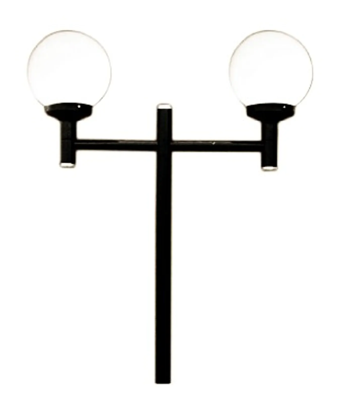 Poste Decorativo Reto com 2 Globos, 1,80 metros, globo de plástico ou globo de vidro boca 15. Pintura eletrostática na cor preta ou opcional branca. Possui flange para fixação em sapata. Para lâmpadas com soquete base E-27