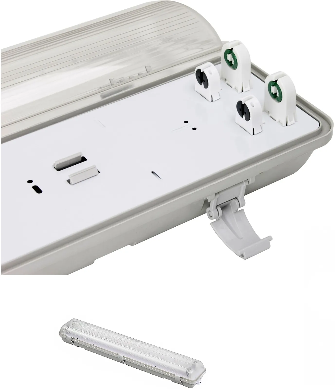 Luminária sobrepor. Corpo em plástico ABS refletor em chapa de aço branca. Difusor em policarbonato prismático, fechada, grau IP65. Lâmpadas: 2x16w / 2x32w / 2x14w / 2x28w / 2x54w - Luminária IP65.
